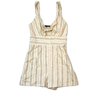 Bershka Striped Cotton Linen Romper Twist Tie Front Sleeveless Size X Small Crem